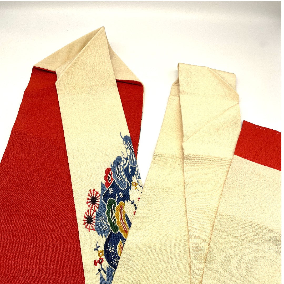 名古屋帯 縮緬地 型染 松竹梅に守礼門模様 帯丈362cm 正絹 Bランク ポイント柄 カジュアル クリーム系 1124000194315 名古屋仕立て