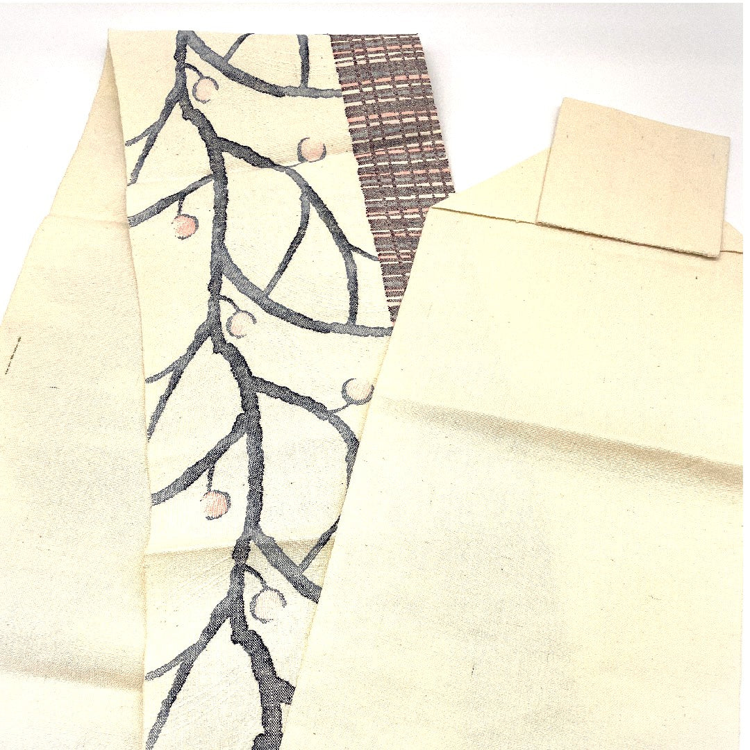 Nagoya obi, silk pongee, branch bud pattern, obi length 359cm, pure silk, S rank, six-pass, casual, cream color, 1124000272315, pine needle style