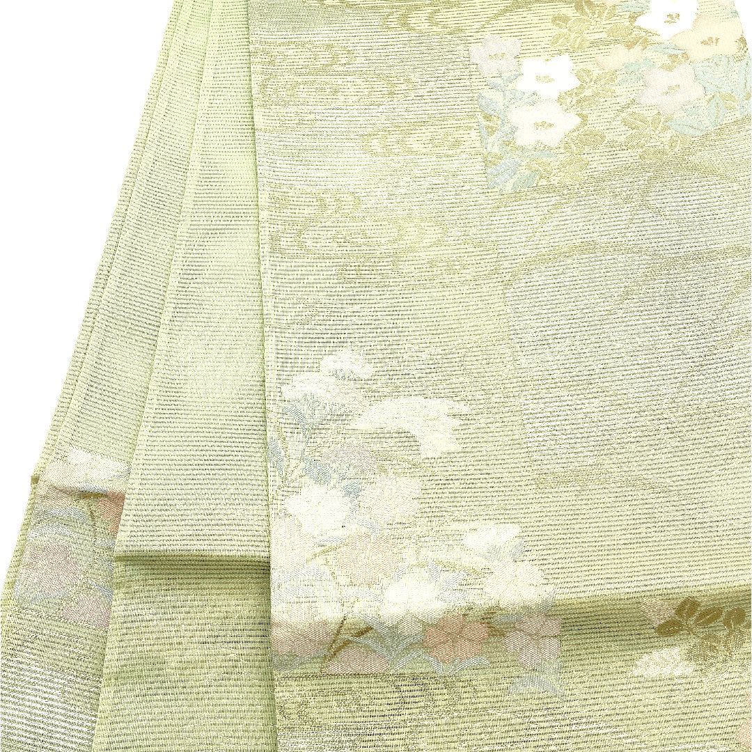 【未仕立】袋帯 正絹 Sランク 西陣まいづる 絽 夏帯 秋草 帯丈442cm 六通 フォーマル 緑系 1123002392319
