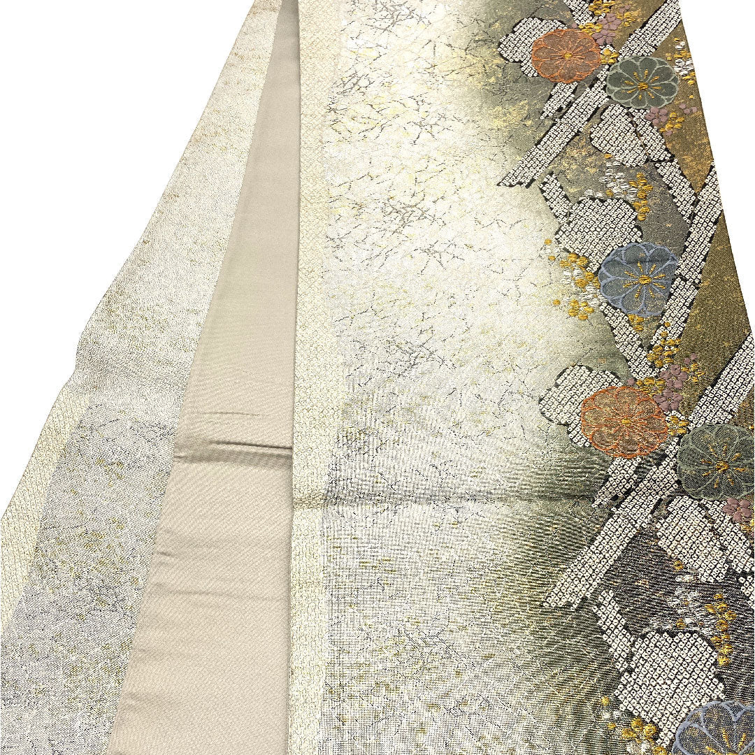 Fukuro Obi Flower Pattern Hikita Obi Length 437cm Pure Silk S Rank Six-way Formal Silver 1123001682322