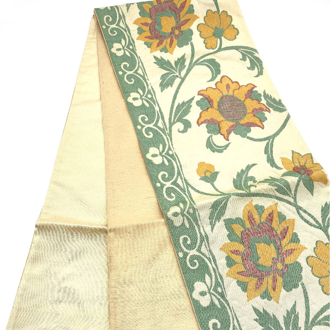 【未仕立】袋帯 正絹 Sランク 単衣 唐花模様 帯丈412cm 六通 カジュアル クリーム系 1123003272315