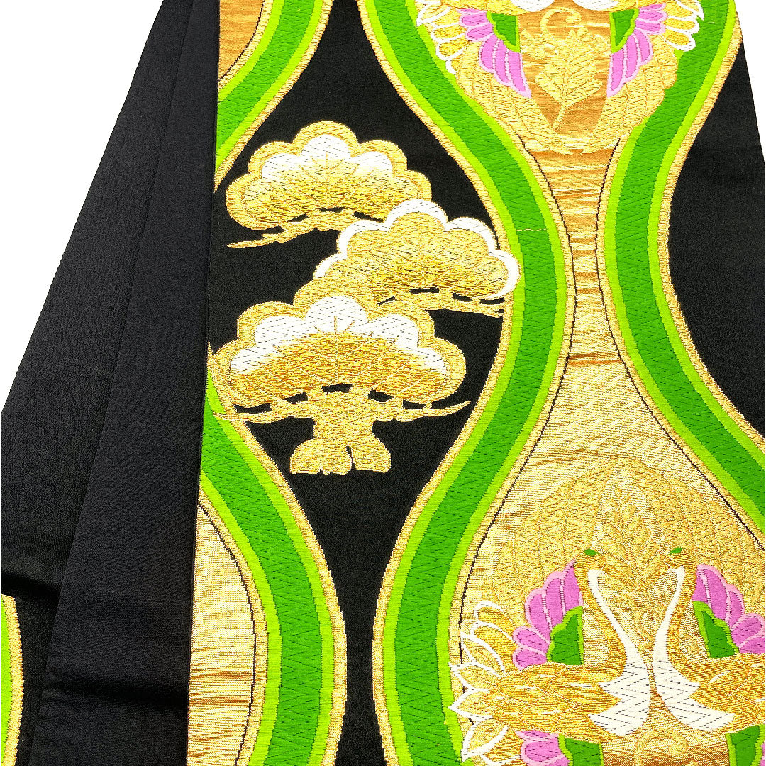 Fukuro Obi, Tachiwaku, Pine, Bird, Length 423cm, Pure Silk, S Rank, Six-pass, Formal, Black, 1123002072310