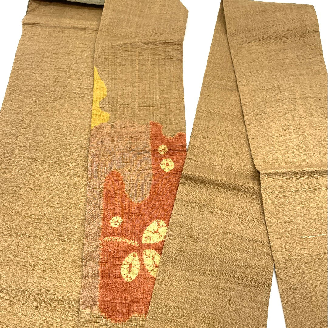 名古屋帯 生紬 雪輪 草葉模様 帯丈373cm 正絹 Sランク 六通 カジュアル 茶系 1124000322314 名古屋仕立て