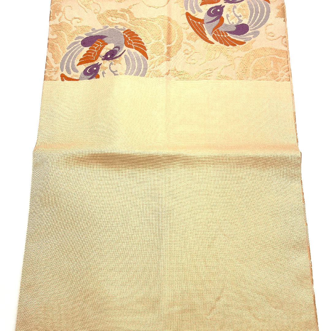 Nagoya obi, Living National Treasure Kitagawa Heiro, Honkaraori, Facing Birds, Length 367cm, Pure Silk, A Rank, Six-way, Casual, Pink, 1124001083313, Open-cut