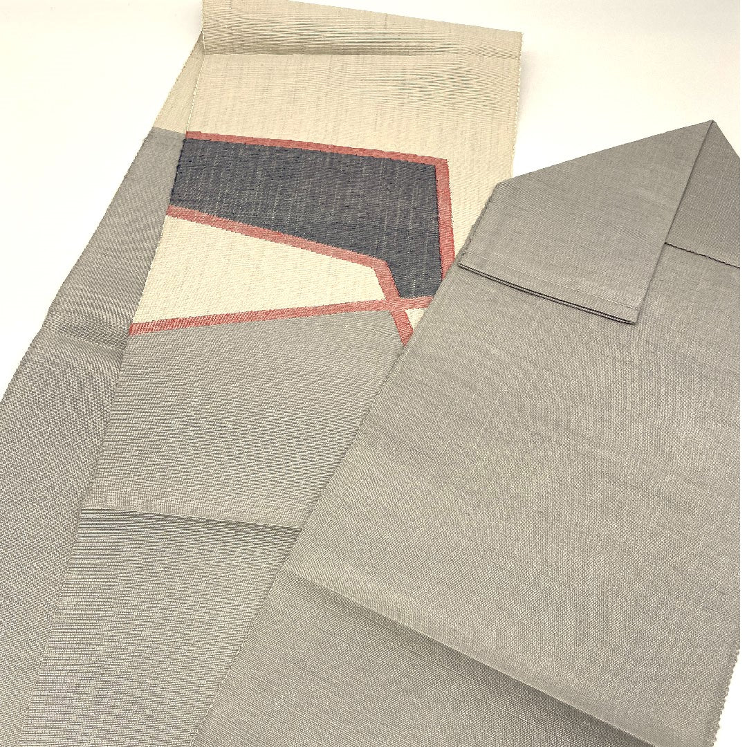 Nagoya obi, hand-woven tsumugi, abstract pattern, obi length 377cm, pure silk, S rank, point pattern, casual, gray, 1124000292322, pine needle style