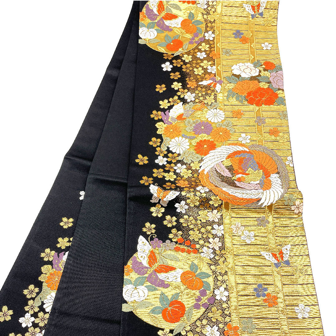 Fukuro Obi with Butterfly, Tachibana, Phoenix and Cherry Blossoms, Length 424cm, Pure Silk, S Rank, Six-way, Formal, Gold, 1123001942321