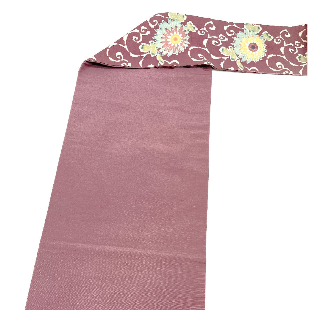 Nagoya obi with arabesque pattern and floral pattern, obi length 359.5cm, pure silk, S rank, six-pass, casual, purple, 1124000802320, Nagoya style
