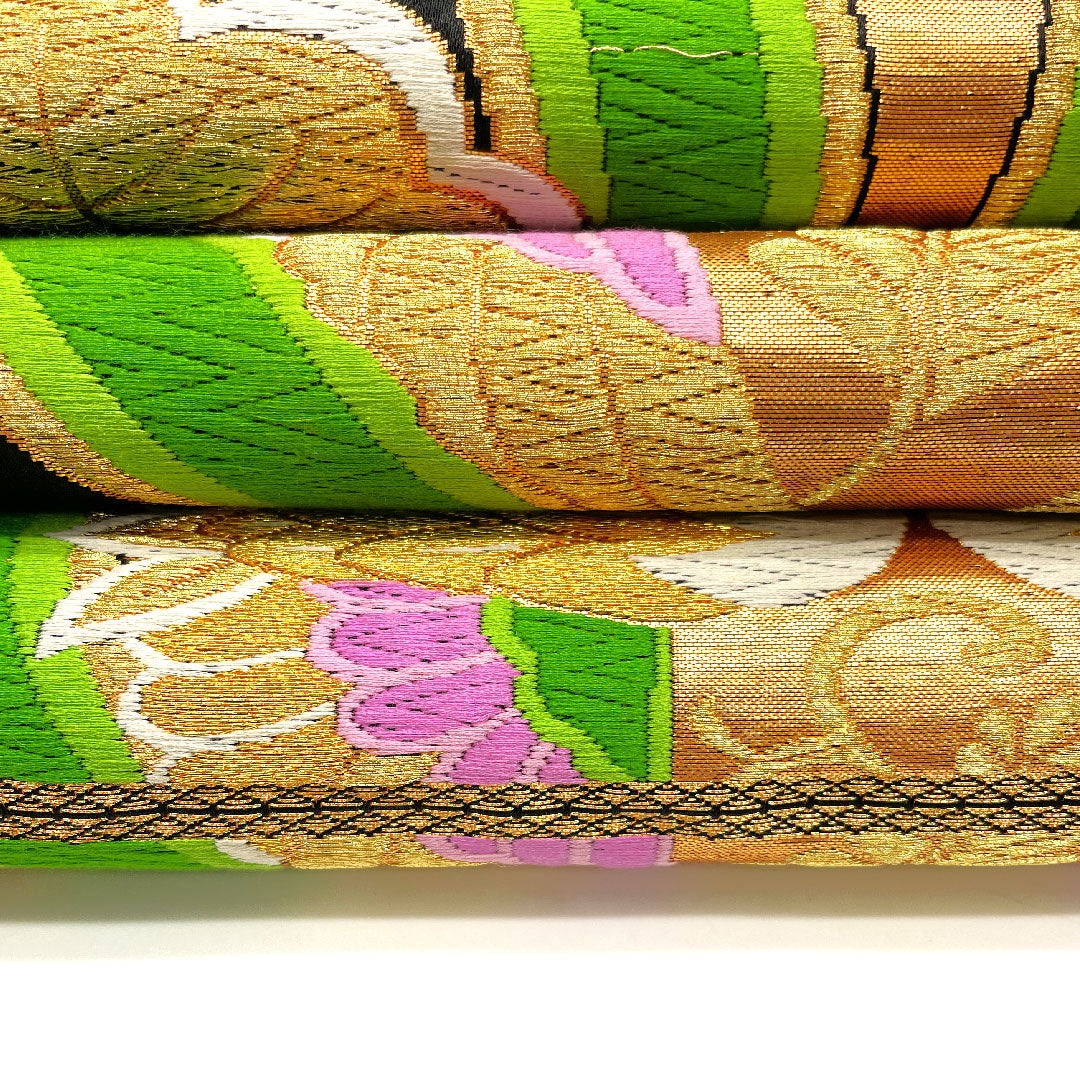 Fukuro Obi, Tachiwaku, Pine, Bird, Length 423cm, Pure Silk, S Rank, Six-pass, Formal, Black, 1123002072310