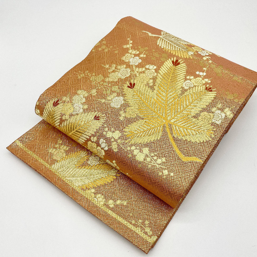 Fukuro Obi, Vermilion and Gold Young Pine Pattern, Diamond Pattern, Length 455cm, Pure Silk, A Rank, Six-way, Formal, Pink, 1123001153413