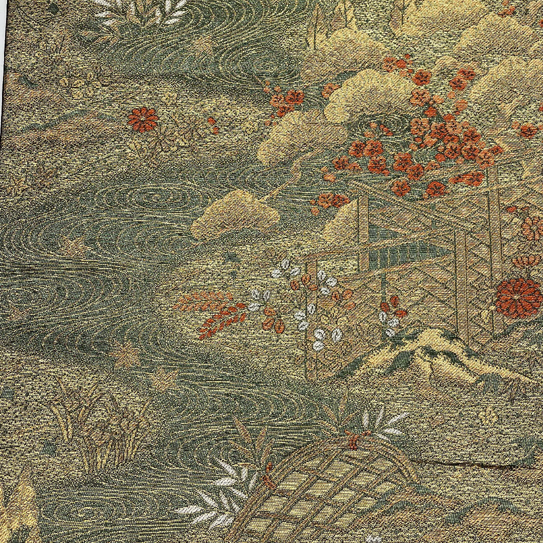 Fukuro Obi (Sleeve Belt) with Landscape Painting, Length 424cm, Pure Silk, A Rank, Six-Ply, Formal, Green, 1123000813319