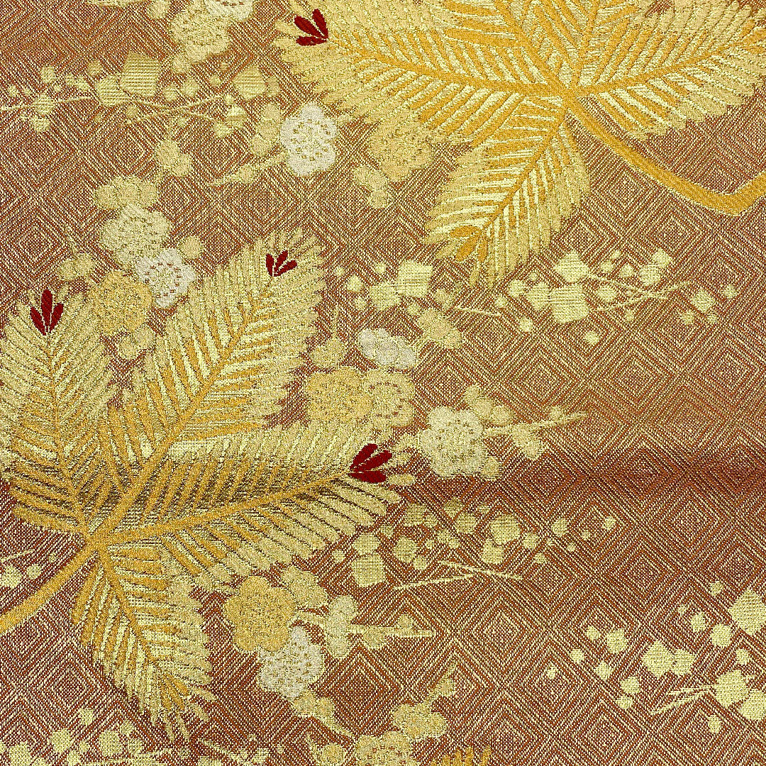 Fukuro Obi, Vermilion and Gold Young Pine Pattern, Diamond Pattern, Length 455cm, Pure Silk, A Rank, Six-way, Formal, Pink, 1123001153413