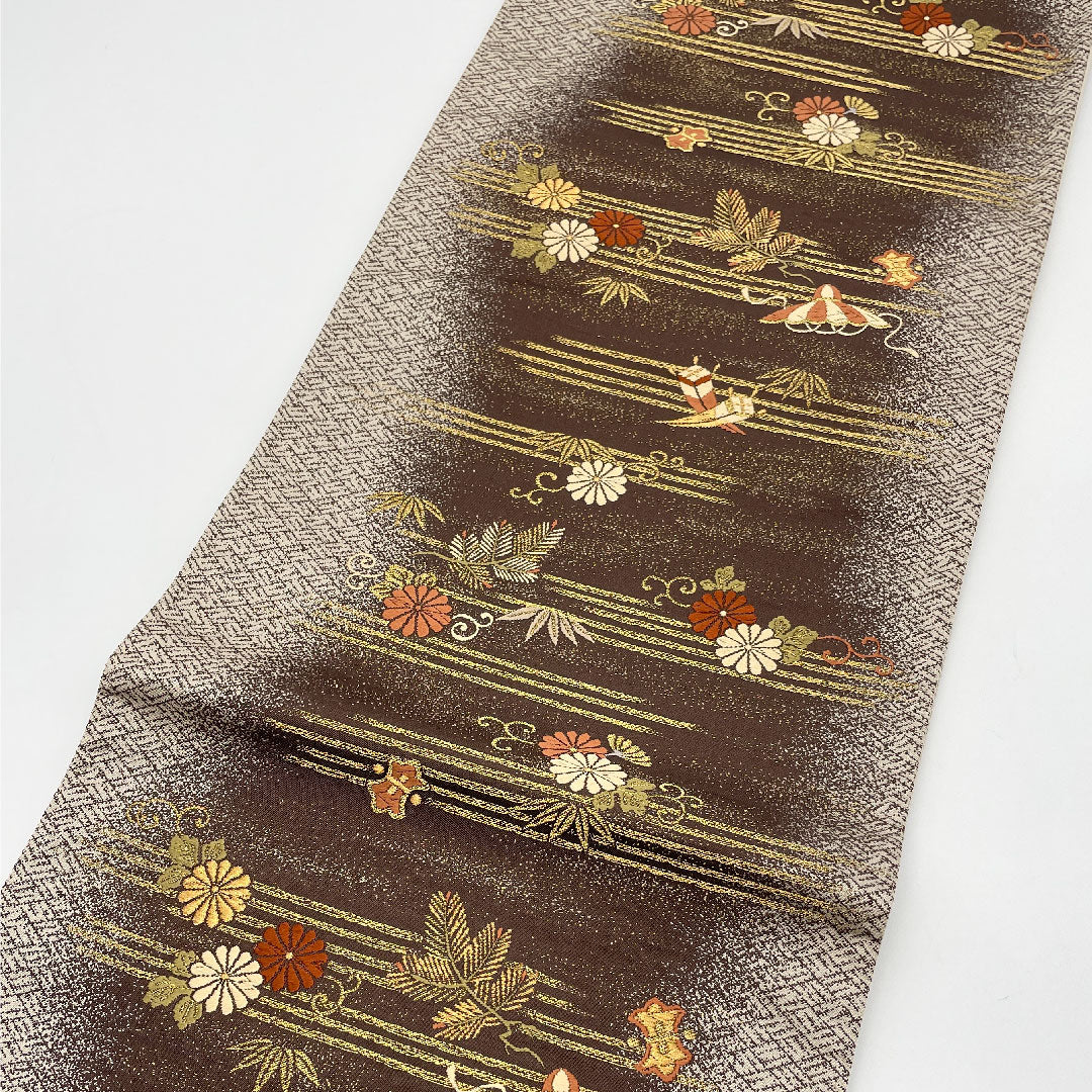 Fukuro Obi, Auspicious Pattern, Length 424cm, Pure Silk, S Rank, Six-way, Formal, Brown, 1123001002314