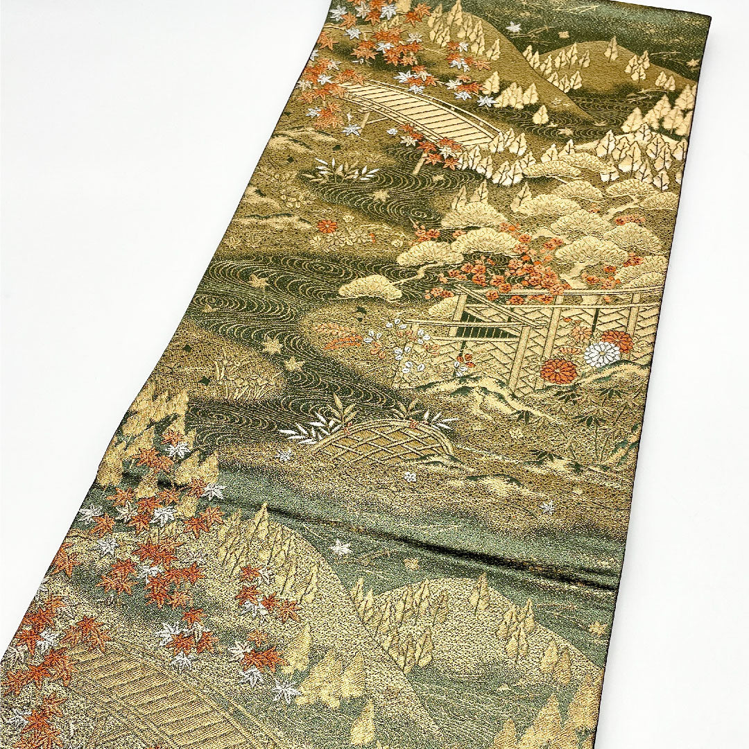 Fukuro Obi (Sleeve Belt) with Landscape Painting, Length 424cm, Pure Silk, A Rank, Six-Ply, Formal, Green, 1123000813319