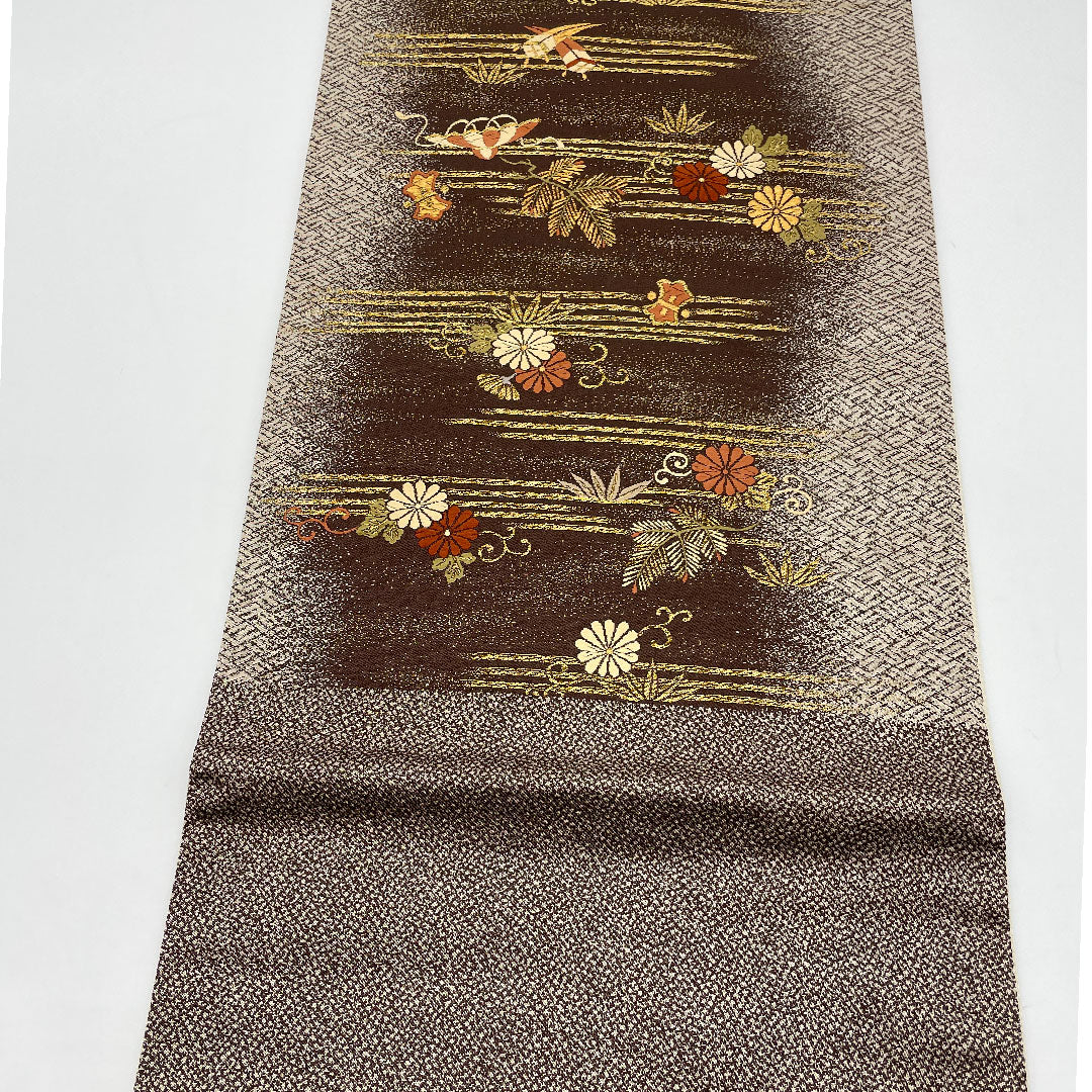 Fukuro Obi, Auspicious Pattern, Length 424cm, Pure Silk, S Rank, Six-way, Formal, Brown, 1123001002314