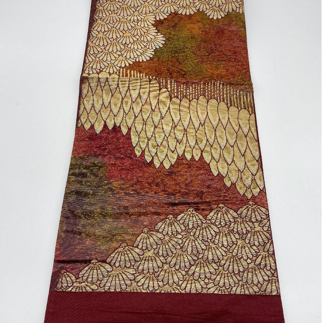 Fukuro Obi Landscape Painting Hikigaku Length 417cm Pure Silk S Rank Six-way Formal Brown 1123000902314