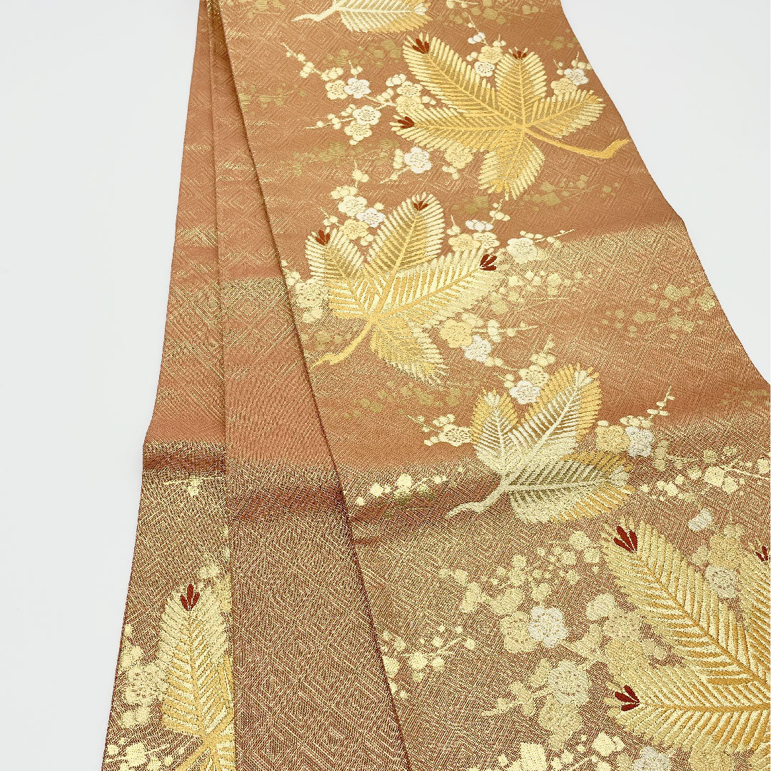 Fukuro Obi, Vermilion and Gold Young Pine Pattern, Diamond Pattern, Length 455cm, Pure Silk, A Rank, Six-way, Formal, Pink, 1123001153413