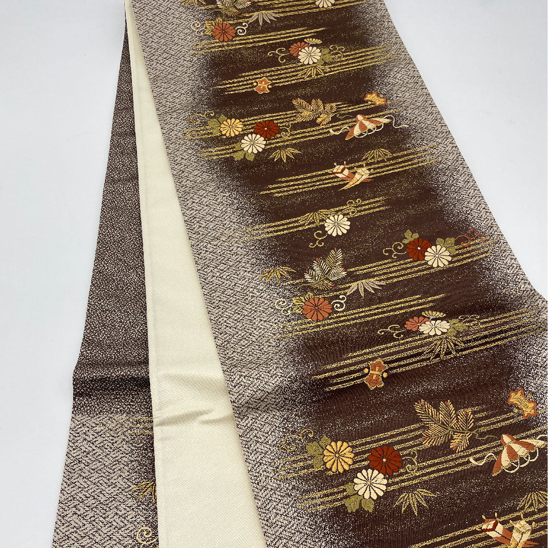 Fukuro Obi, Auspicious Pattern, Length 424cm, Pure Silk, S Rank, Six-way, Formal, Brown, 1123001002314