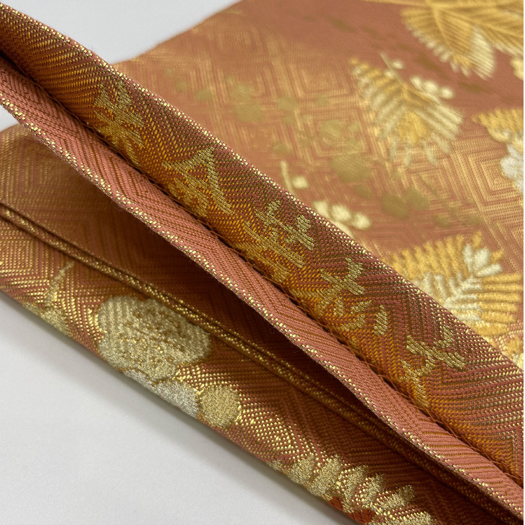 Fukuro Obi, Vermilion and Gold Young Pine Pattern, Diamond Pattern, Length 455cm, Pure Silk, A Rank, Six-way, Formal, Pink, 1123001153413