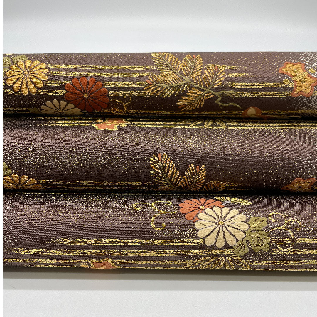 Fukuro Obi, Auspicious Pattern, Length 424cm, Pure Silk, S Rank, Six-way, Formal, Brown, 1123001002314