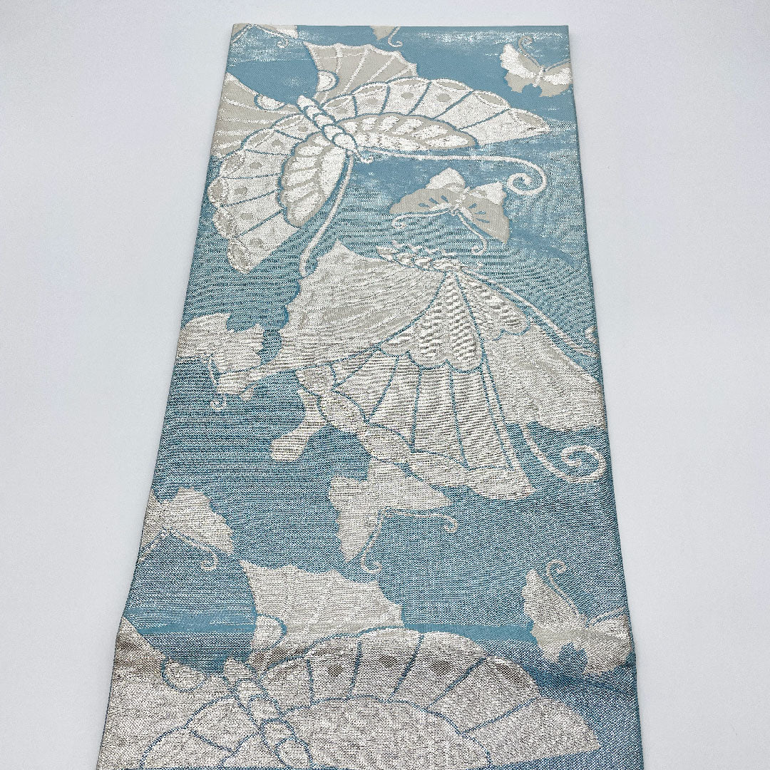 [Unfinished] Fukuro obi, silk, Rank A, length 412cm, Rokutsu pattern, semi-formal, blue系, 1123000493317