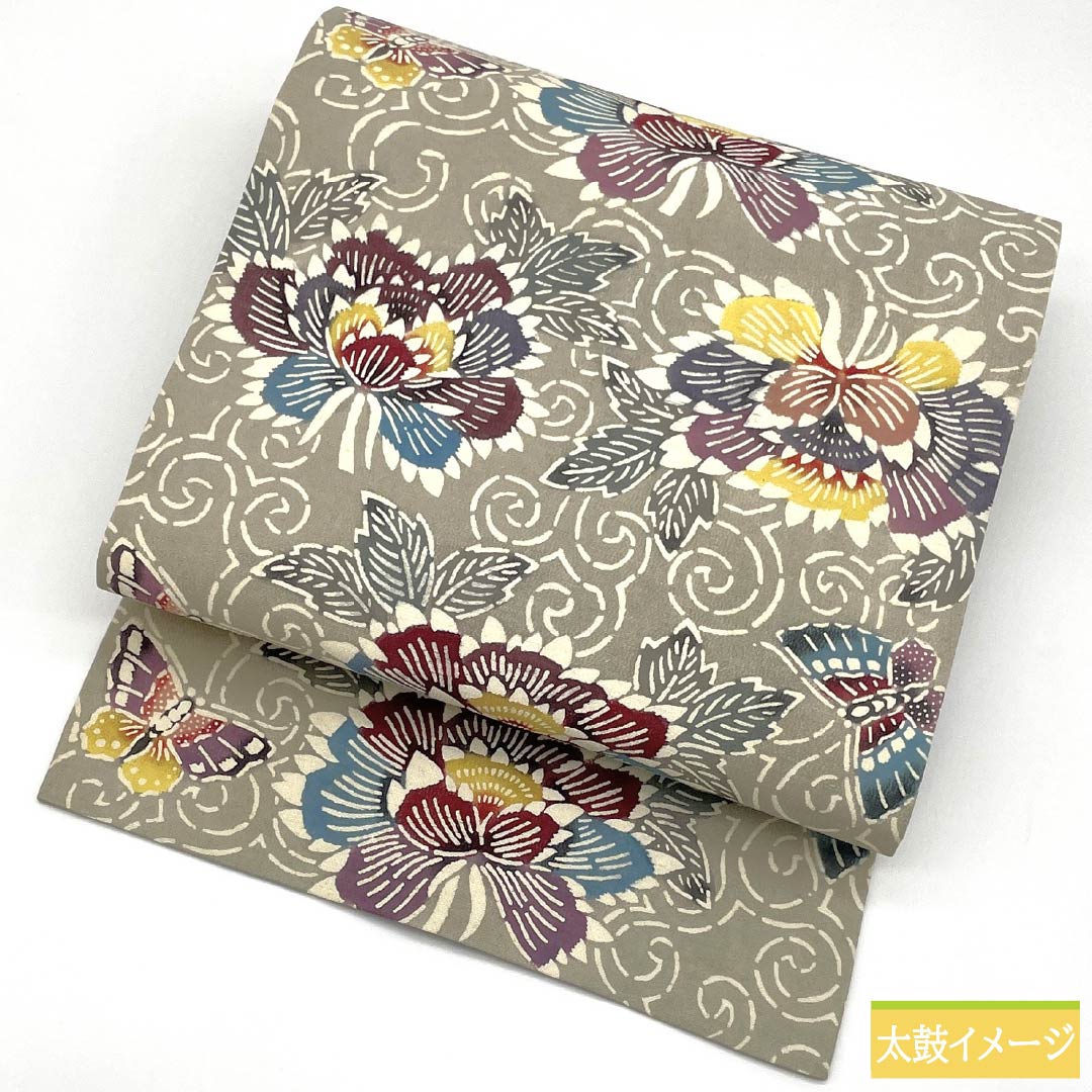 Nagoya Obi, Pure Silk, Grade B, Silk Gray, Bingata-style Stencil Dyeing, Peony Design, Length 347cm, Six-fold, Casual, Gray, Product Number 1124010484322, Nagoya Style