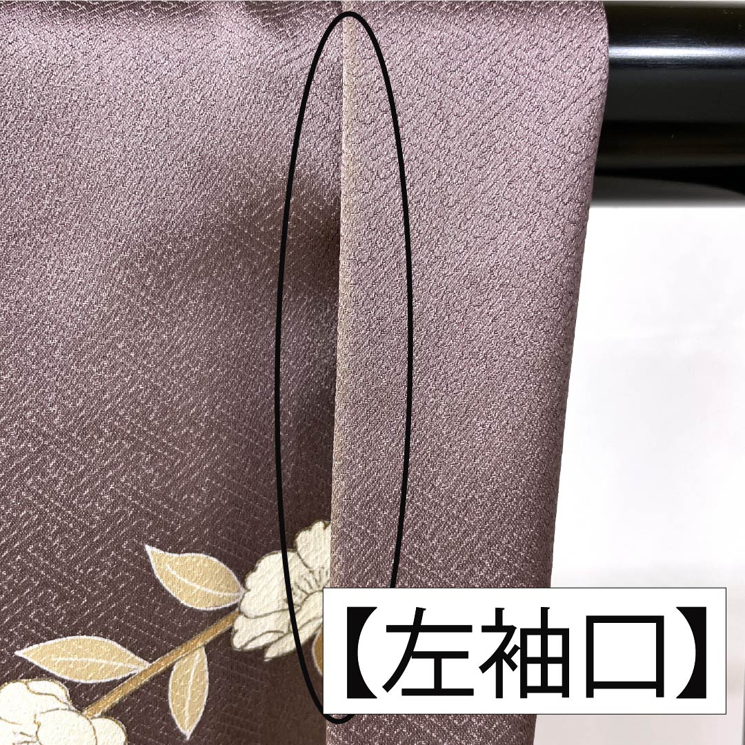 Formal kimono, pure silk, rank B, lined, length 164cm, sleeve to sleeve 64.5cm, reddish gray, Kyo-Yuzen, one crest, plants, purple tones, 1112007044420