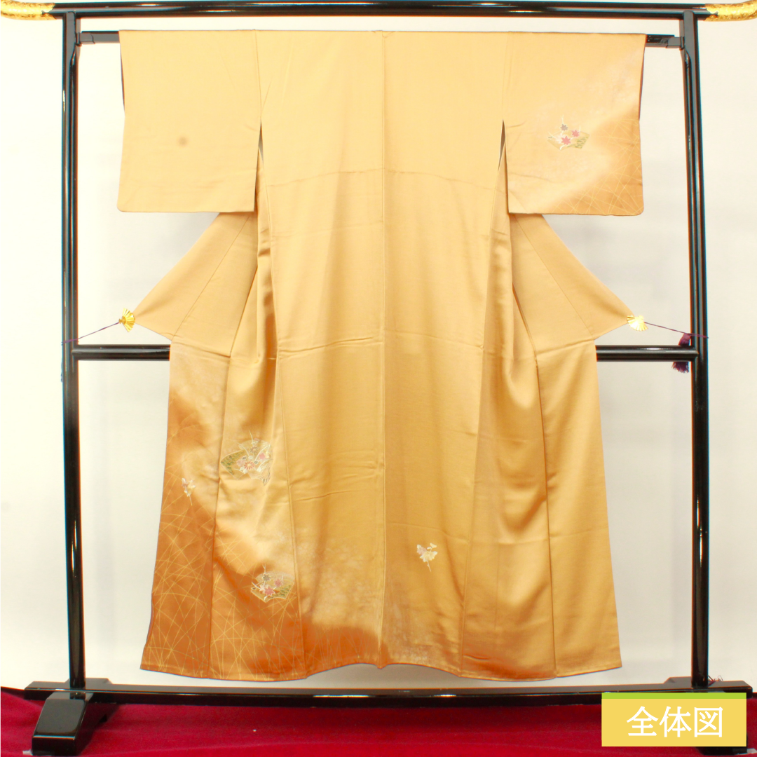 Homongi, pure silk, lined, length 150.5cm, sleeve length 62cm, pale withered leaf color, embroidered fan surface, floral pattern, S rank, brown, 1112004682114
