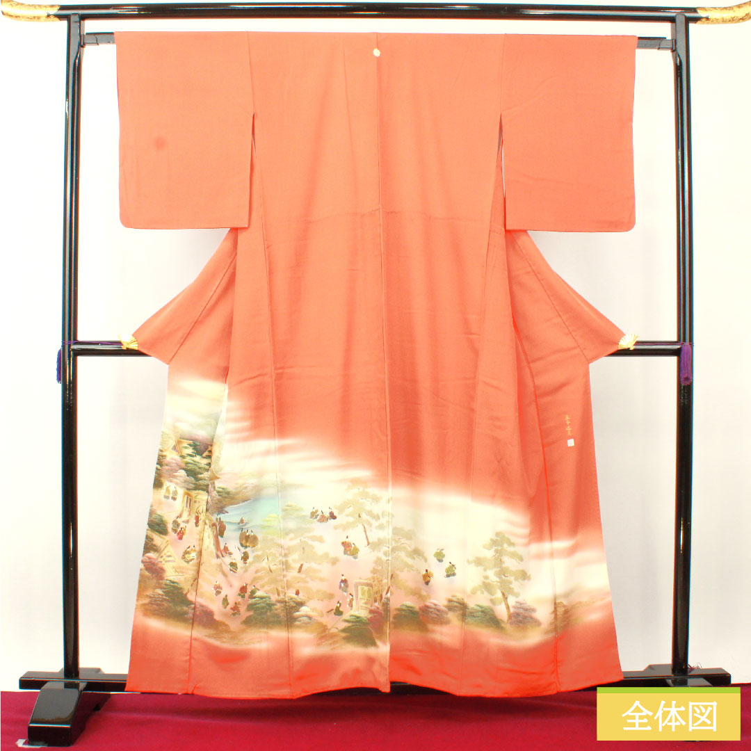 Colored Tomesode, pure silk, length 159.5cm, sleeve length 63cm, lined, red-orange, Kyoto Yuzen, historical figures and landscapes, one crest, sword and katabami, S rank, orange, 1111001422326