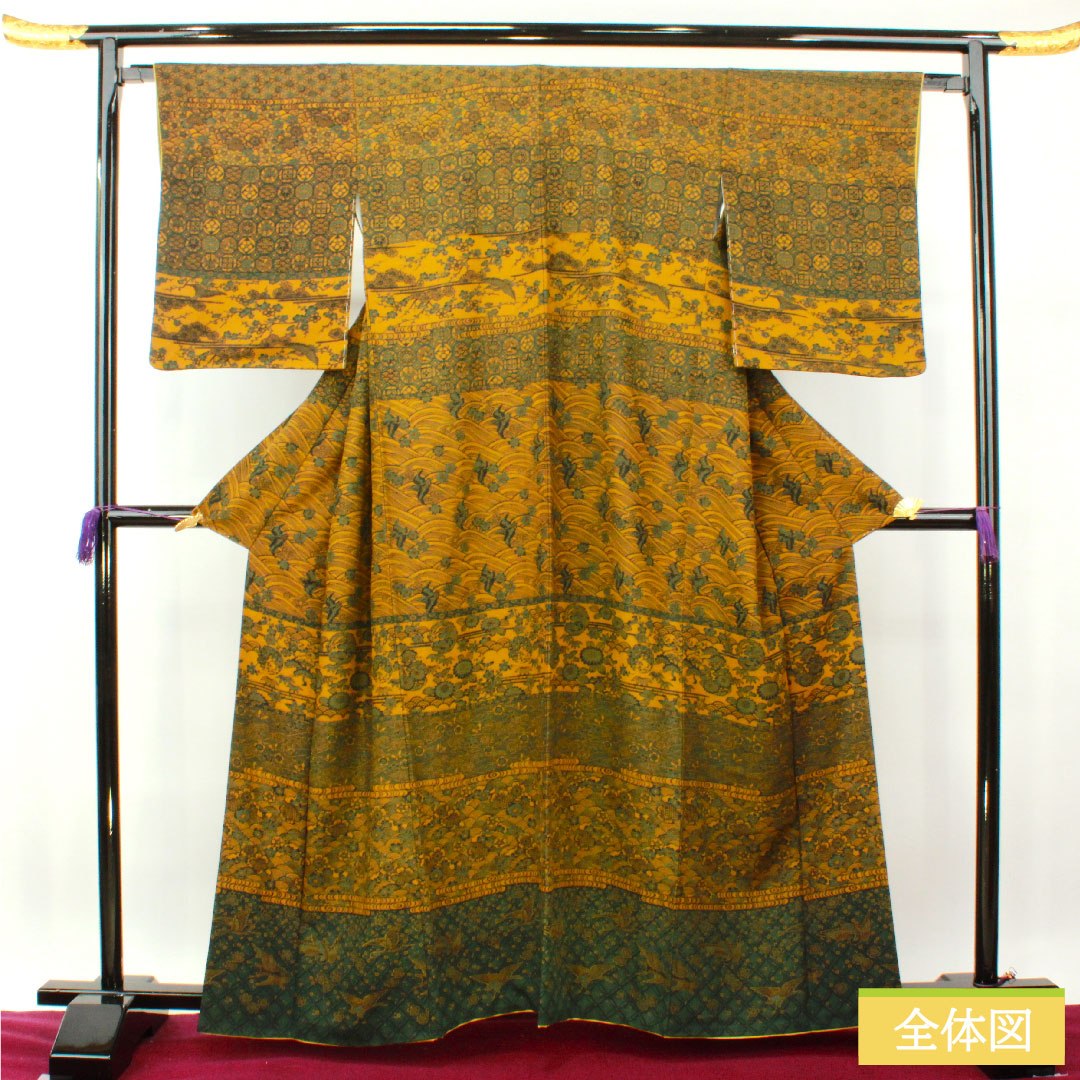 Small pattern, pure silk, length 161.5cm, sleeve length 65cm, lined, yellow oak color, stencil dyeing, auspicious motif, S rank, yellow, 1115004192423