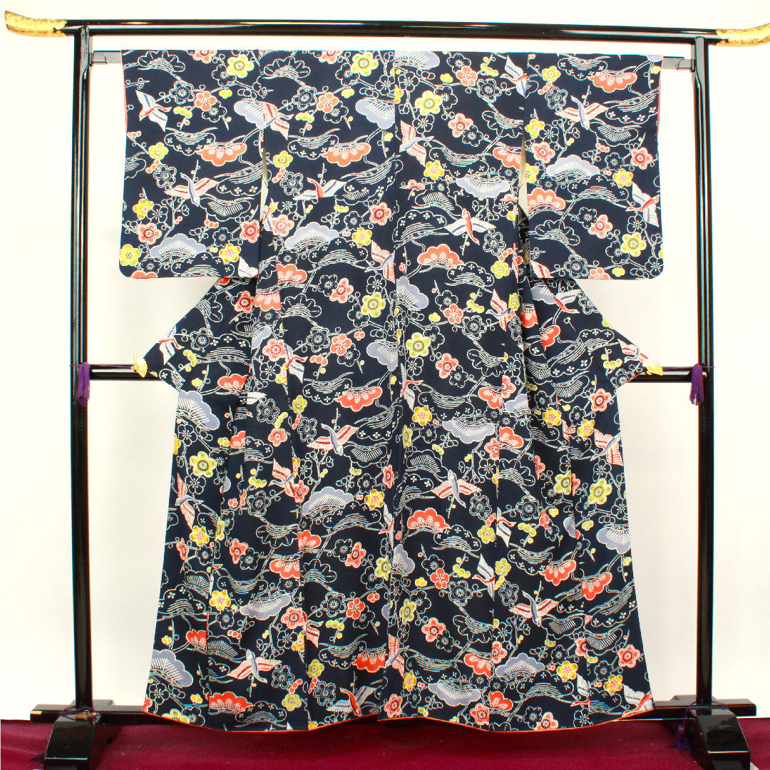 Komon Length 158cm Sleeve length 63.5cm Awase Dark blue Kyo-Bengata Pine Plum Pure silk A rank Navy 1115003433318
