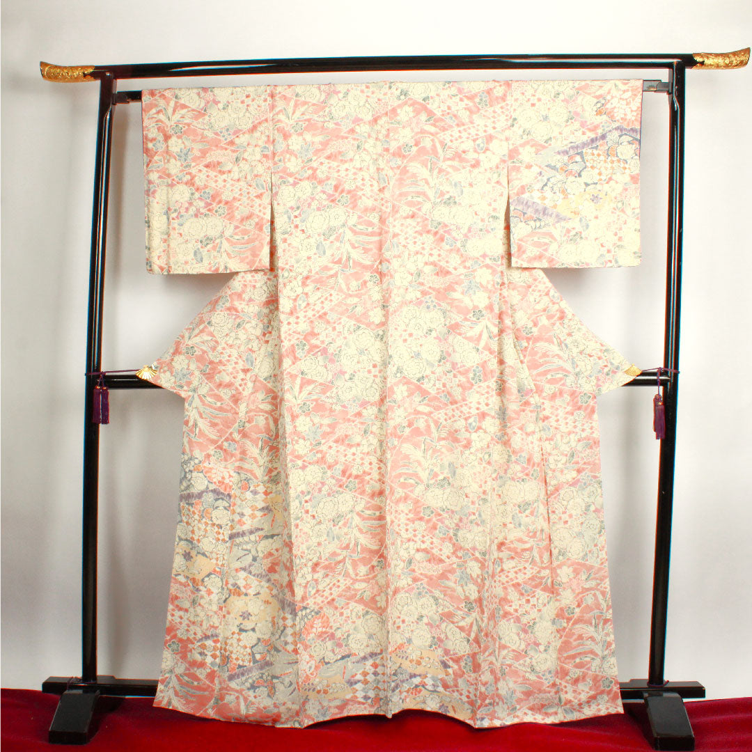 小紋 身丈164cm 裄丈64cm 袷  宍色 辻ヶ花  正絹 Sランク ピンク系 1115002272413
