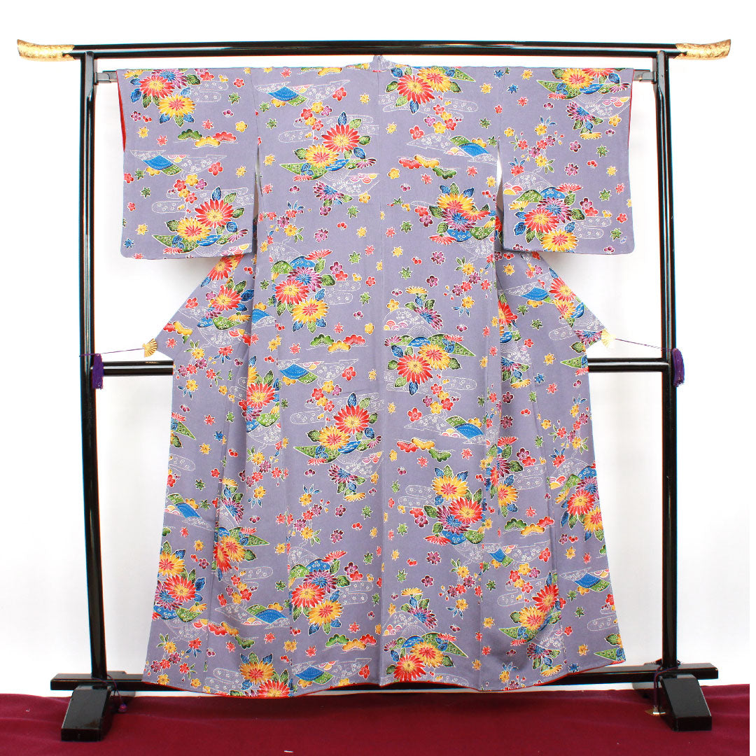 小紋 身丈158cm 裄丈66.5cm 袷  藤鳩羽色 型染 菊  正絹 Aランク 紫系 1115002413320