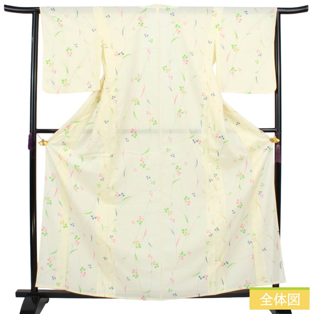 夏物 ポリエステル 小紋 Aランク 身丈163.5cm 裄丈64cm 白百合色（しらゆりいろ） 草花模様 絽 黄系 1132004513423