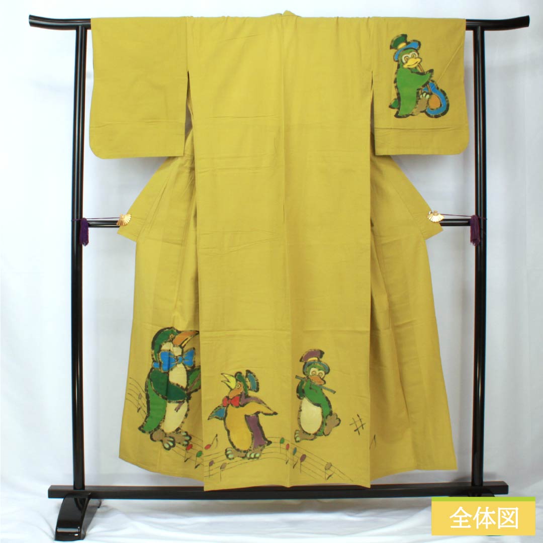 Cotton Yukata, Length 153cm, Sleeve Length 62.5cm, Rank A, Single-Layer, Light Yellow (Asakikiiro), Penguin Design, Product Number 1118005783223