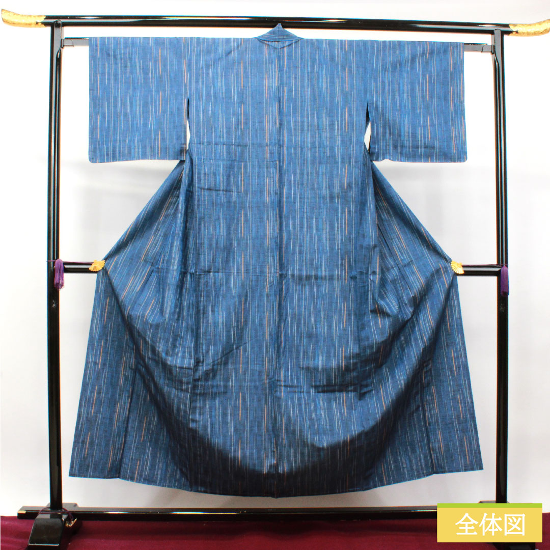 Tsumugi, pure silk, length 154.5cm, sleeve length 62cm, navy blue, staggered stripes, basting thread included, unused, S rank, single layer, navy blue, 1116003122218