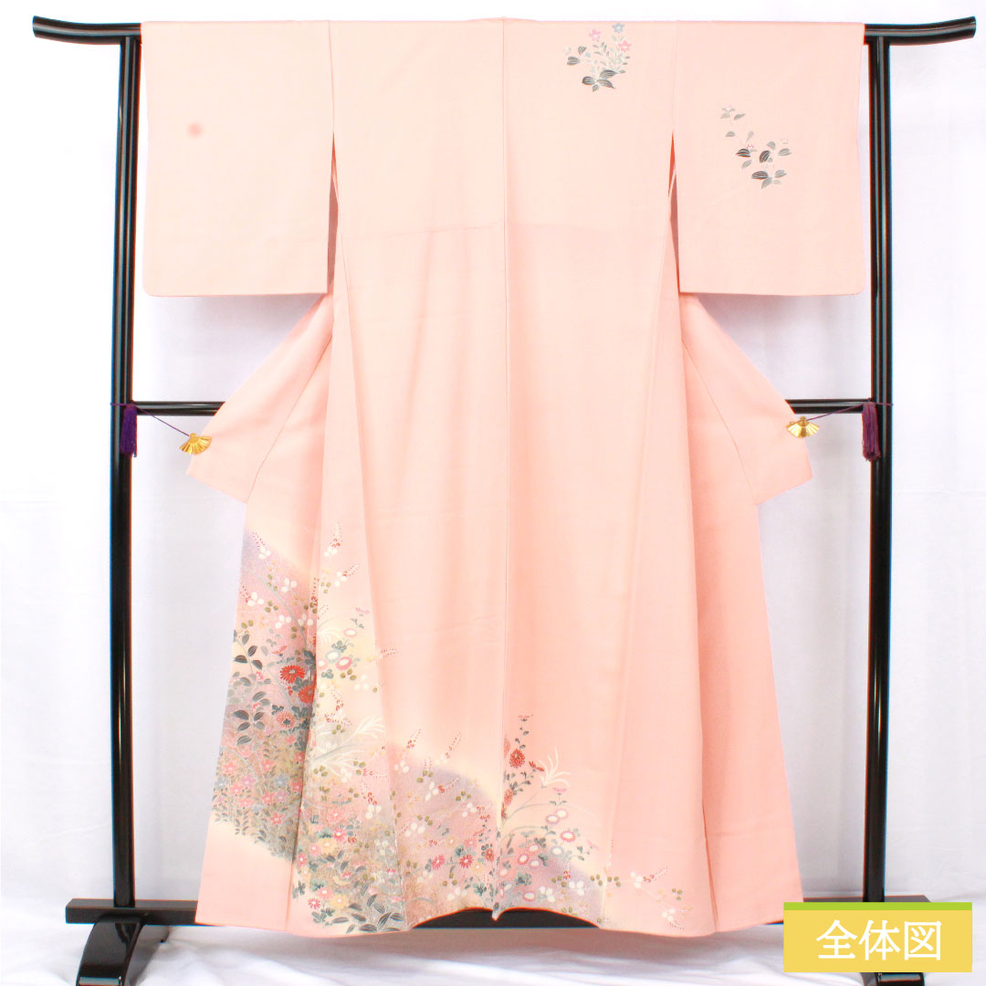 Homongi, pure silk, lined, length 156cm, sleeve length 61.5cm, Shinonome color, floral pattern, S rank, pink, 1112005732313