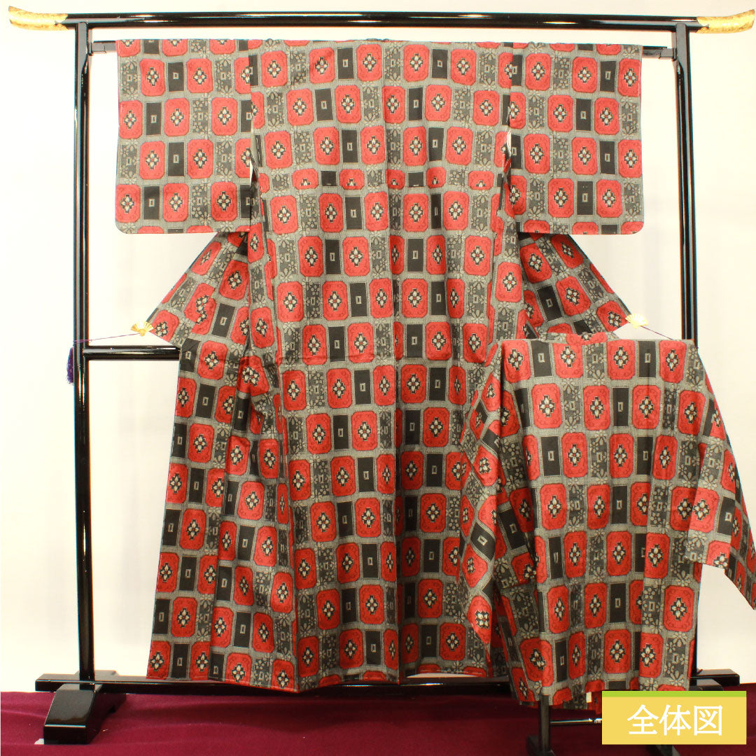 Murayama Oshima, pure silk, length 158.5cm, sleeve length 64.5cm, ensemble, abstract pattern, basting thread included, unused, S rank, lined, black, 1116003262310