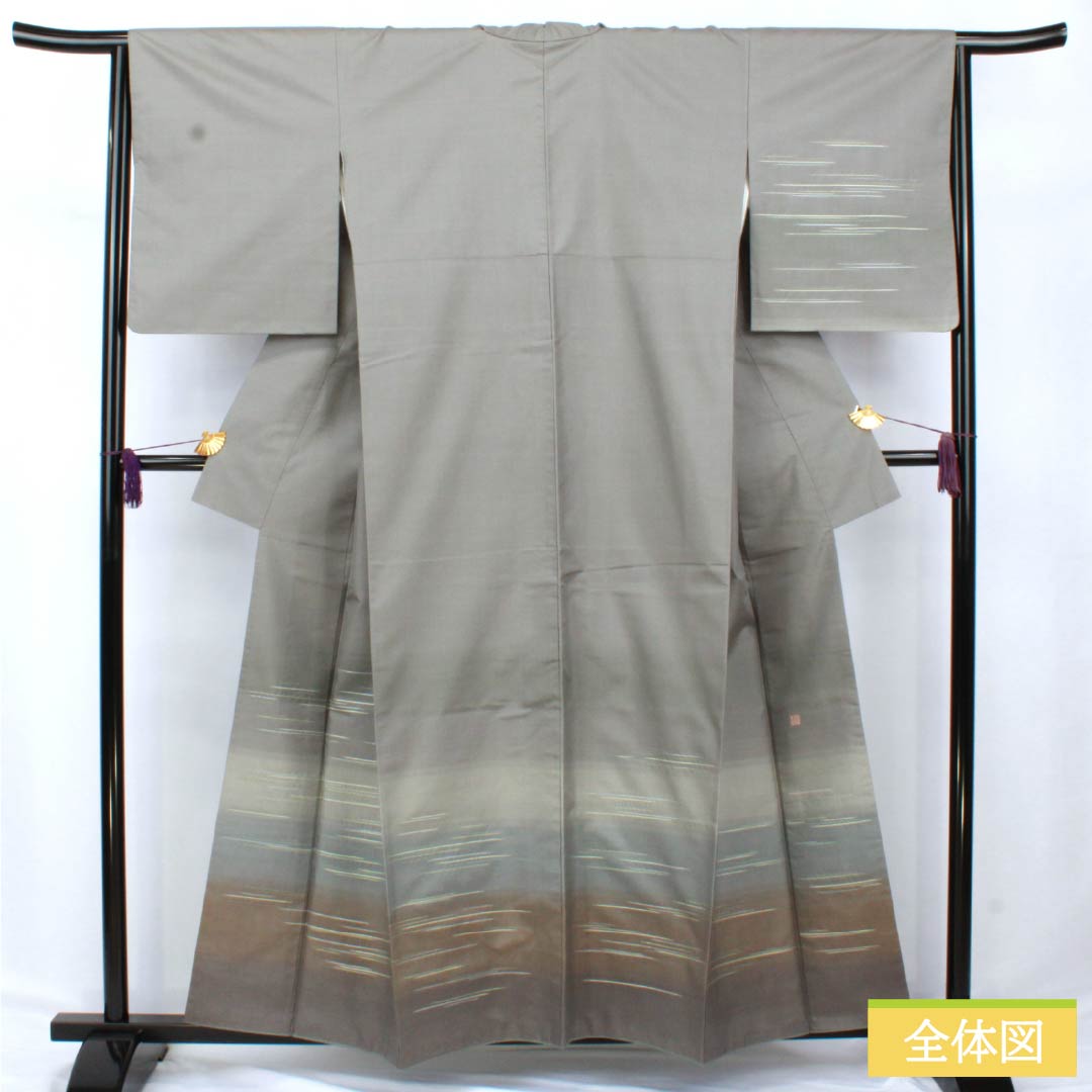 Homongi (visiting kimono) made of pure silk, S-rank, lined, length 158cm, sleeve length 65cm, natural gray (sunetsuiro) Hakusan Tsumugi silk with pearl-tone stitching and gray accents. Product code: 1112006112322