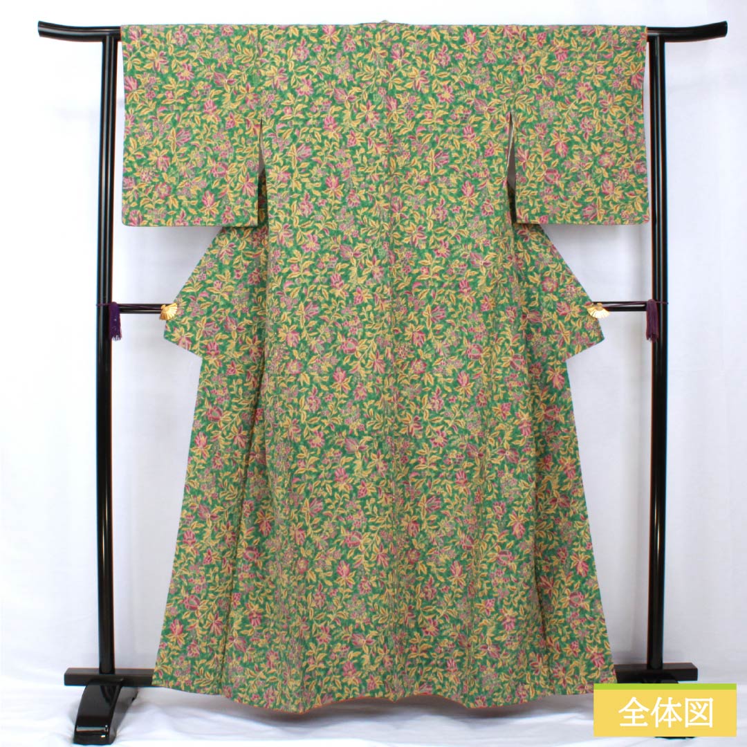 Komon, pure silk, length 159cm, sleeve length 62cm, lined, bronze color, stencil dyeing, all-flower pattern, S rank, green, 1115005362319