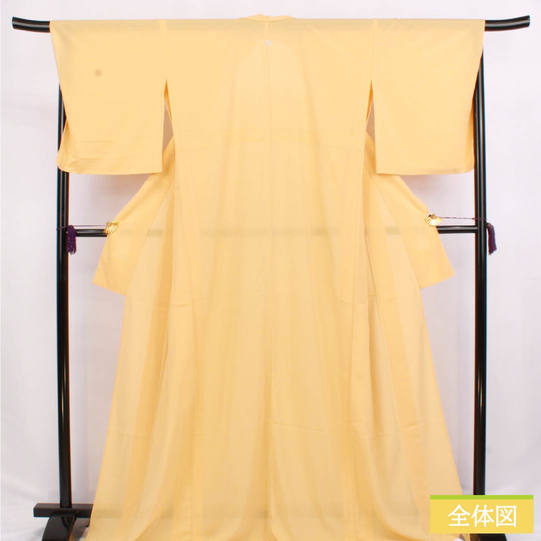 Summer solid color polyester kimono, S rank, length 171.5cm, sleeve length 70.5cm, light tangerine color (usukouji), one crest, five-three paulownia pattern, ro crepe, orange-colored, product number 1132003062626