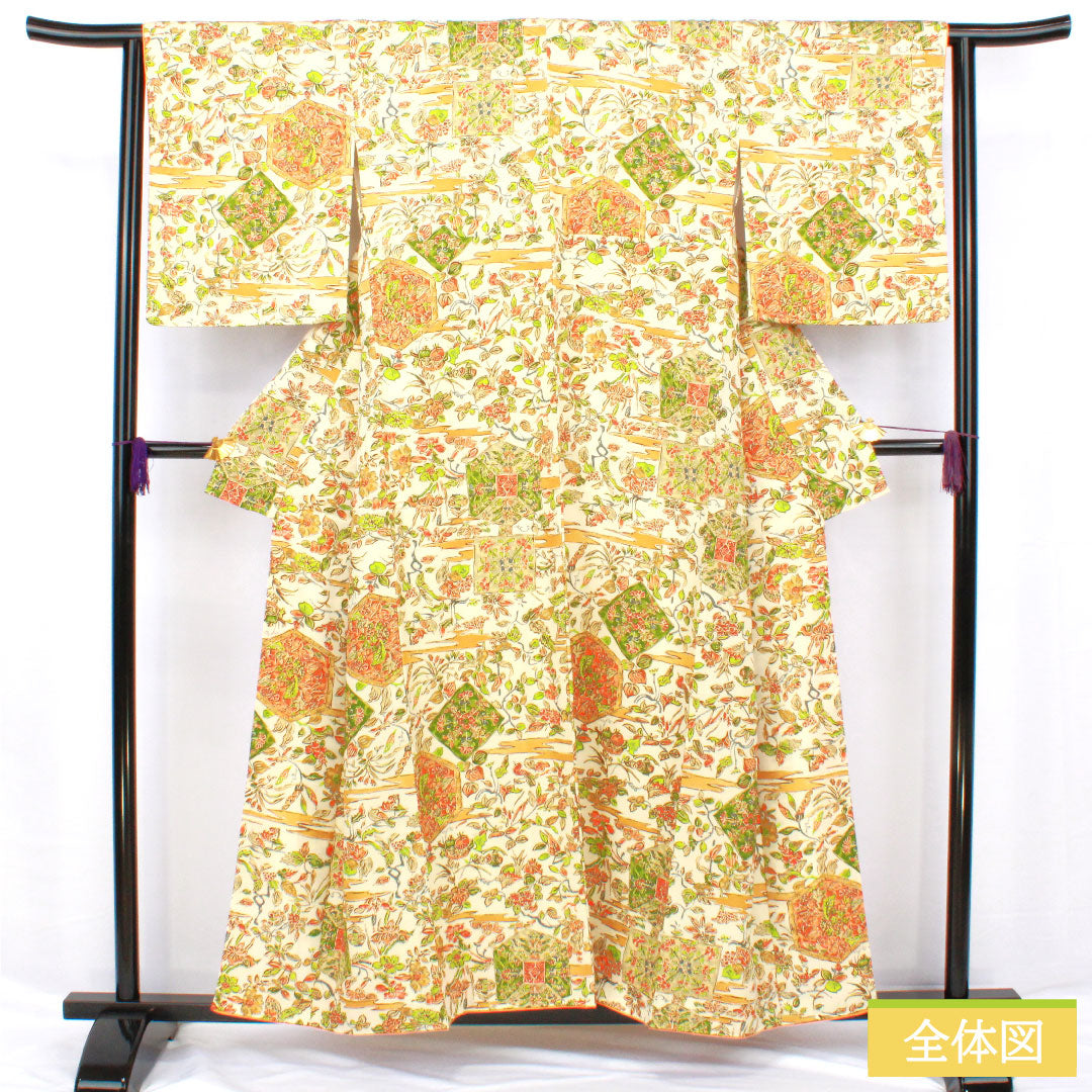 Small pattern, polyester, length 156cm, sleeve length 63cm, lined, milky white, chintz style, washable kimono, A rank, cream color, 1115004503315