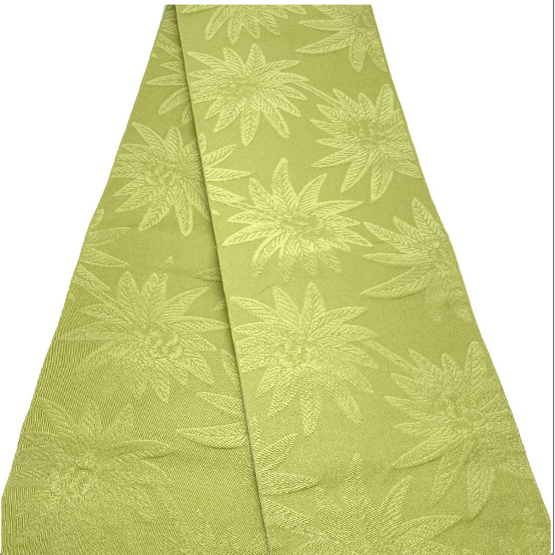 Half-width obi, polyester, obi length 380cm, blue-leaf color, floral pattern, Pandanus, plant pattern, cloud, geometric pattern, green, A rank, 1125001303319