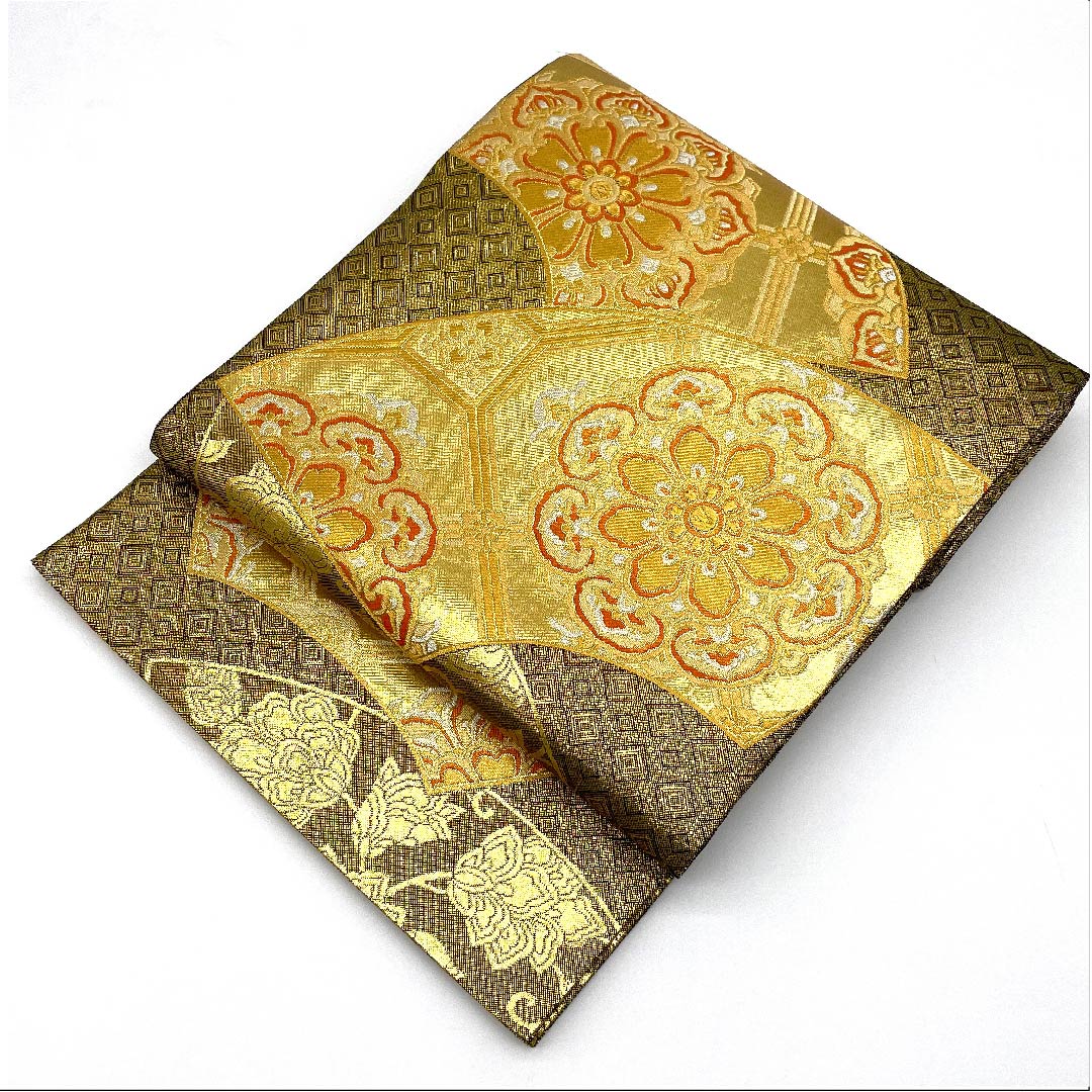 Fukuro-obi (sash), gold, pure gold leaf, full-length, ground paper, Shukko flower pattern, fan-shaped, obi length 438cm, pure silk, A rank, full-length, formal, gold-based, 1123006633321