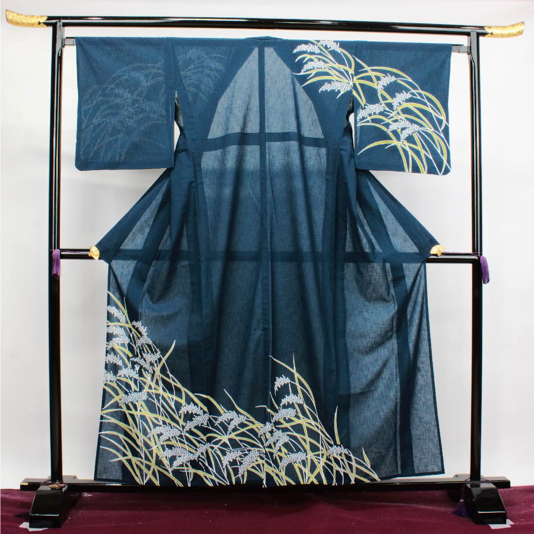夏物 ポリエステル 訪問着 身丈159cm 裄丈66cm 鉄葡萄色（てつぶどういろ）稲穂 紗 Sランク 紺系 1132000092318