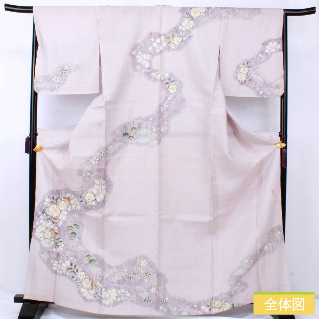 訪問着 正絹 Bランク 単衣 身丈165.5cm 裄丈64.5cm 白藤色（しらふじいろ） 紬地 絞り 作家物 辻ヶ花 紫系 1112007554520