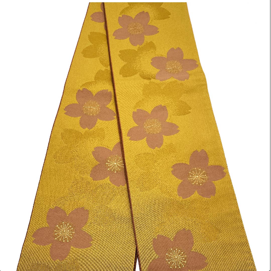 半幅帯 ポリエステル 黄土色（おうどいろ） 古典柄 桜 花柄 帯丈374cm 茶系 Sランク 1125001142314