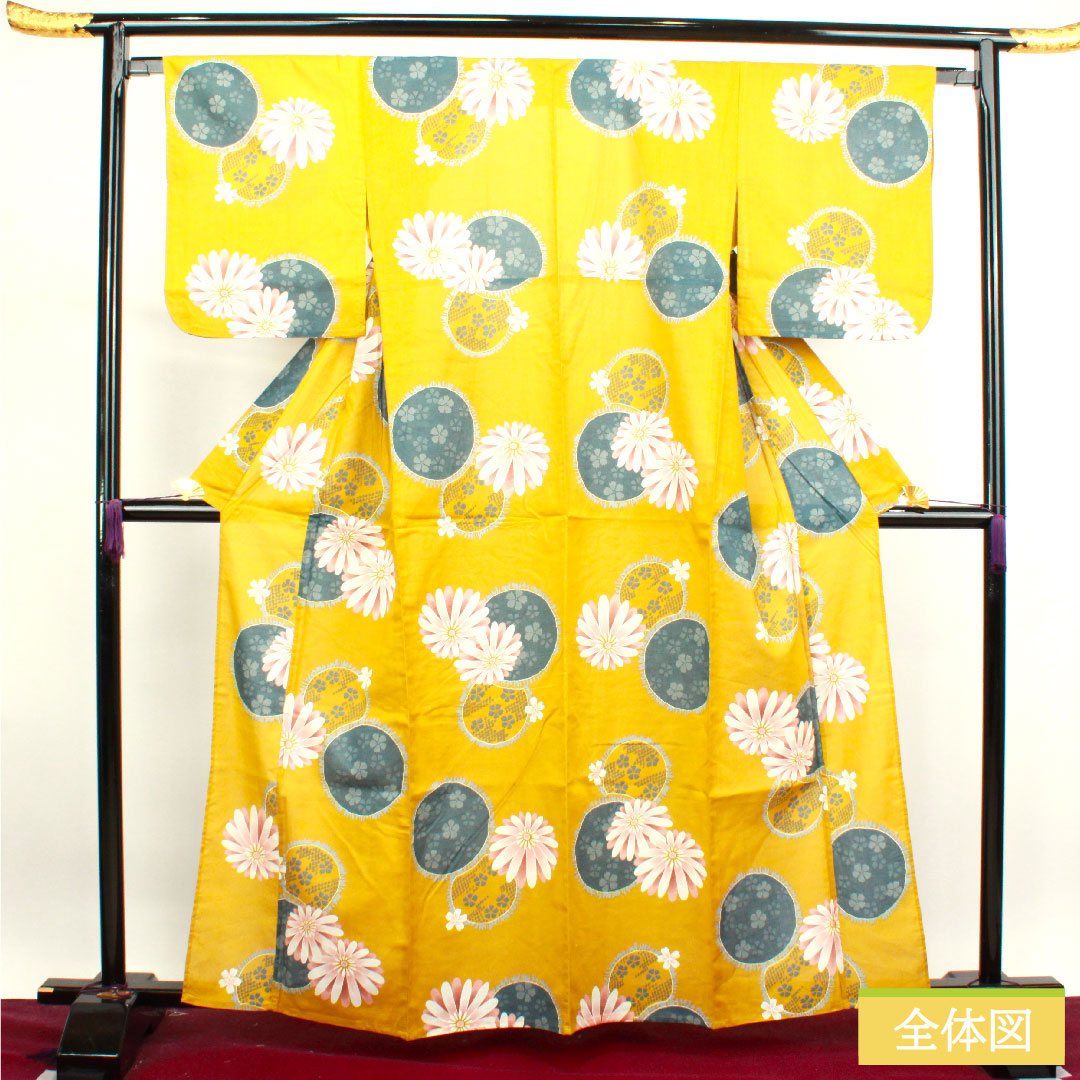 Yukata Cotton Length 161.5cm Sleeve length 65cm S rank Single layer Yellow Hajiiro Gerbera Cherry Blossom Pink 1118004492423