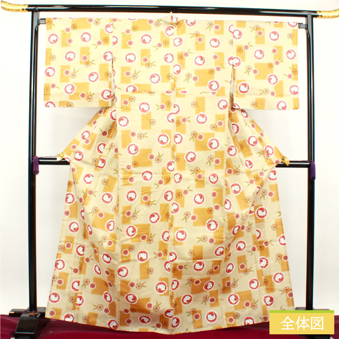 Yukata Cotton Length 167.5cm Sleeve length 68cm S rank Single layer Beige Sobakiri color Hello Kitty Nadeshiko 1118004832525