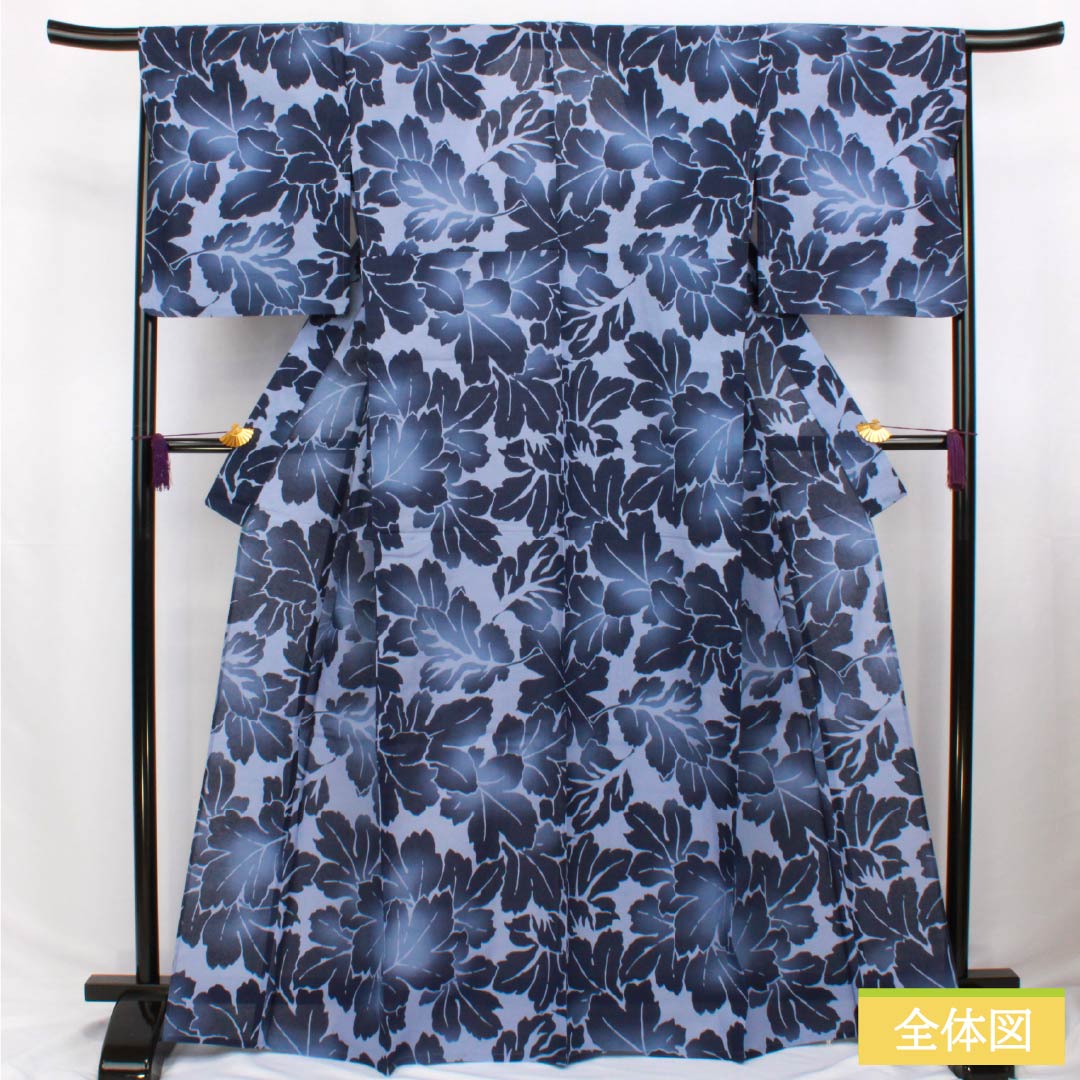 Cotton Yukata, Length 166cm, Sleeve Length 67cm, S Rank, Single Layer, Blue, Aofujiiro (Blue Wisteria) with Leaf Pattern, 1118006612517