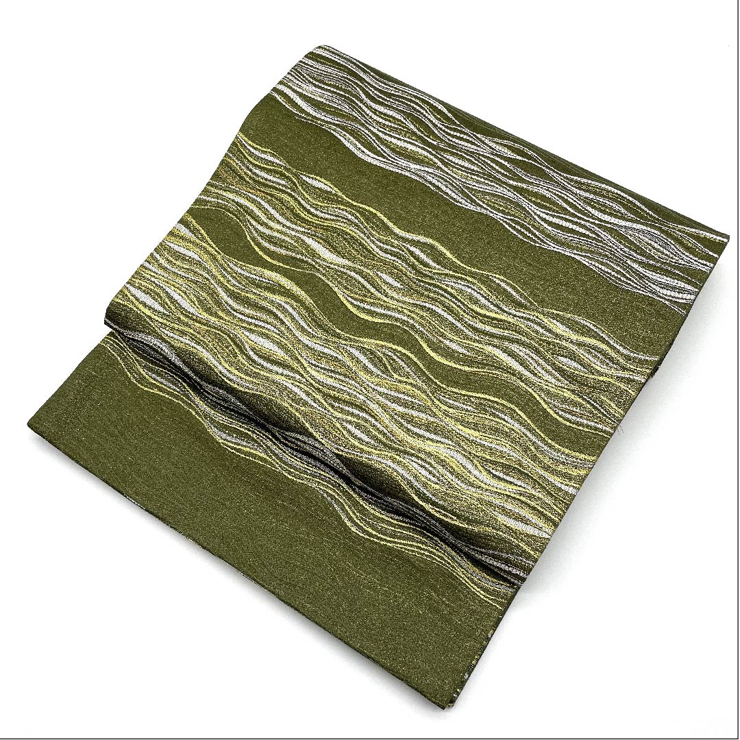 Fukuro Obi (Japanese sash) in pine-nezu color, with horizontal waves, 420cm long, pure silk, S rank, six-pass, semi-formal, green, 1123005822319